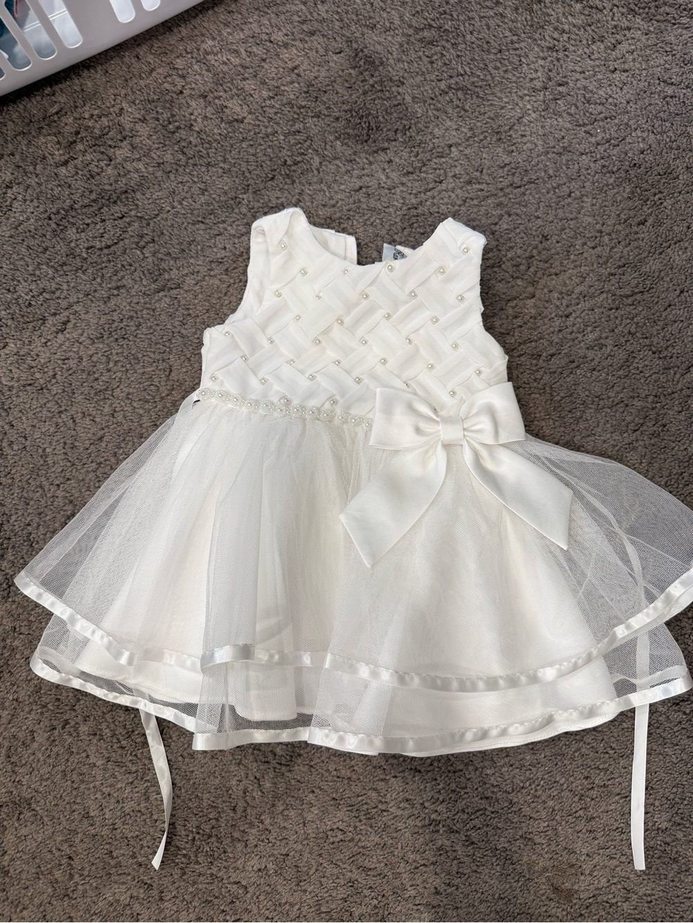 Rare Editions White Satin and Tulle Dress with Bow